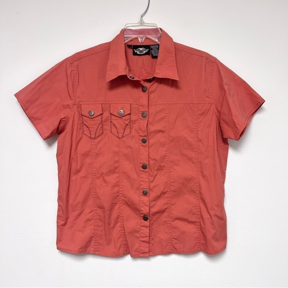 Harley Davidson Coral Embroidered Snap Button Up Short Sleeve Collared Shirt